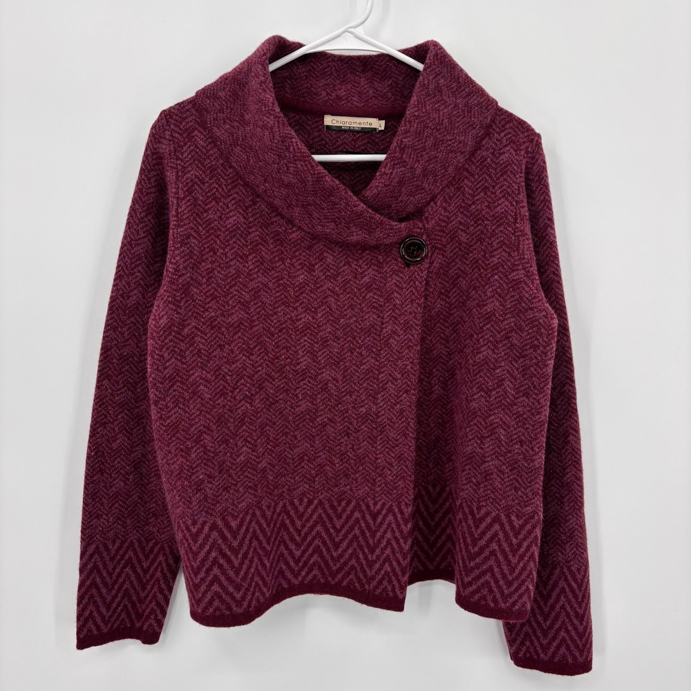 Chiaramente Sweater Women L Burgundy Excellent Wool Blend Herringbone Shawl Neck